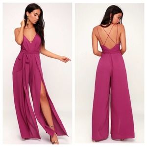 NWT Lulus Hype Dream Magenta Backless Wide Leg Jumpsuit Slit Open Pants …